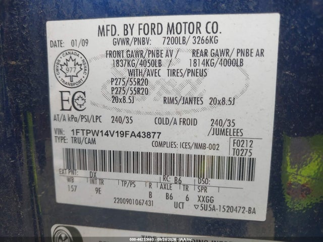 Продажа на аукционе авто 2009 Ford F-150 Fx4/king Ranch/lariat/platinum/xl/xlt, vin: 1FTPW14V19FA43877, номер лота: 46233663