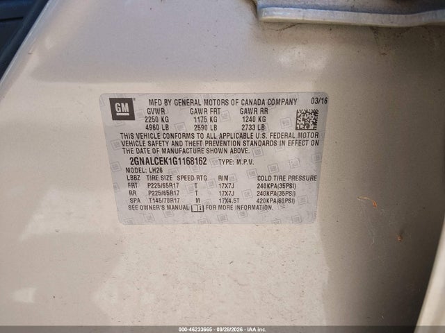 Aukcja sprzedaży 2016 Chevrolet Equinox Lt, vin: 2GNALCEK1G1168162, numer aukcji: 46233665