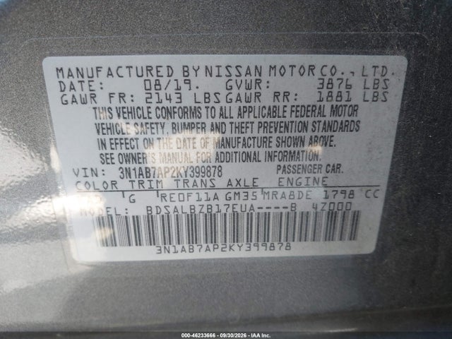 Aukcja sprzedaży 2019 Nissan Sentra S, vin: 3N1AB7AP2KY399878, numer aukcji: 46233666