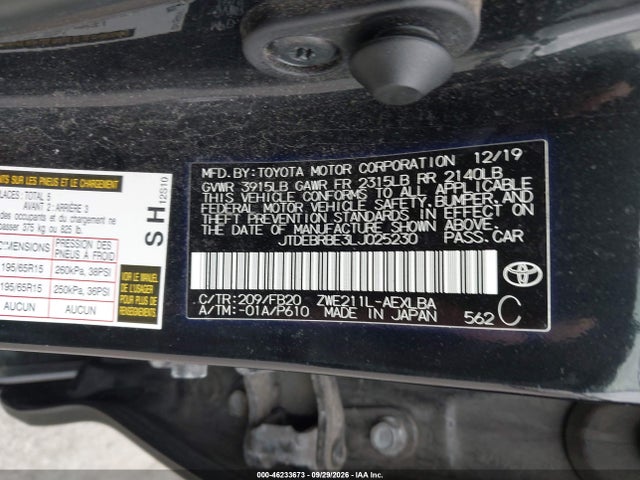 Aukcja sprzedaży 2020 Toyota Corolla Hybrid Le, vin: JTDEBRBE3LJ025230, numer aukcji: 46233673