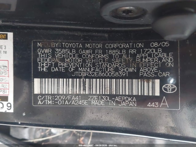 Продажа на аукционе авто 2006 Toyota Corolla Ce, vin: JTDBR32E860058391, номер лота: 46233697