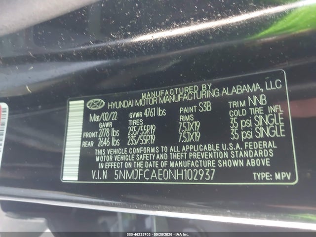 Aukcja sprzedaży 2022 Hyundai Tucson Sel, vin: 5NMJFCAE0NH102937, numer aukcji: 46233703