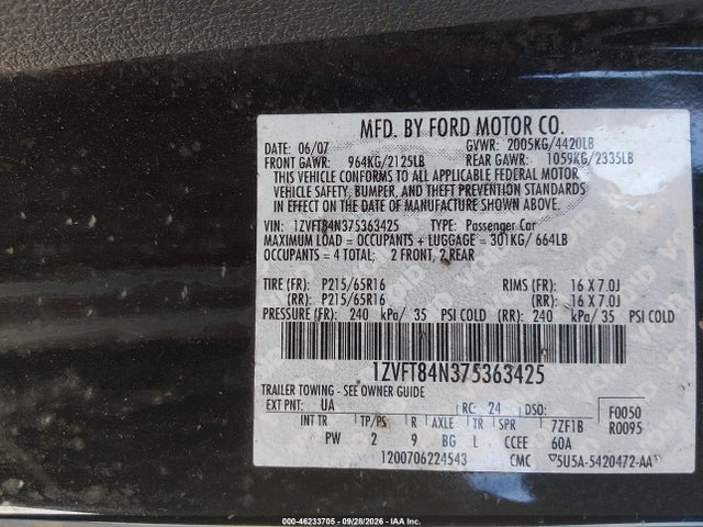 Продаж на аукціоні авто 2007 Ford Mustang V6 Deluxe/v6 Premium, vin: 1ZVFT84N375363425, номер лоту: 46233705