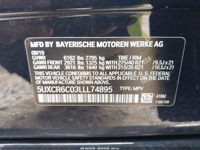 46233708 :رقم المزاد ، 5UXCR6C03LLL74895 vin ، 2020 Bmw X5 Xdrive40i مزاد بيع