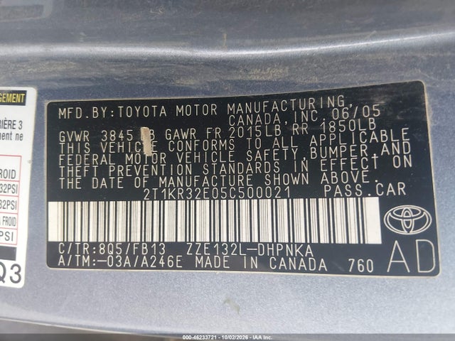Aukcja sprzedaży 2005 Toyota Matrix Xr, vin: 2T1KR32E05C500021, numer aukcji: 46233721