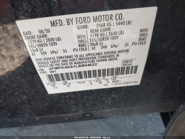 Aukcja sprzedaży 2020 Ford Edge Titanium, vin: 2FMPK4K91LBB04622, numer aukcji: 46233726