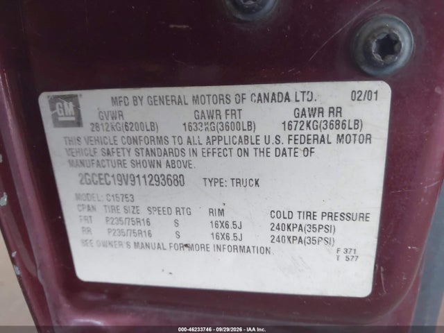 2001 Chevrolet Silverado 1500 Ls მანქანა იყიდება აუქციონზე, vin: 2GCEC19V911293680, აუქციონის ნომერი: 46233746