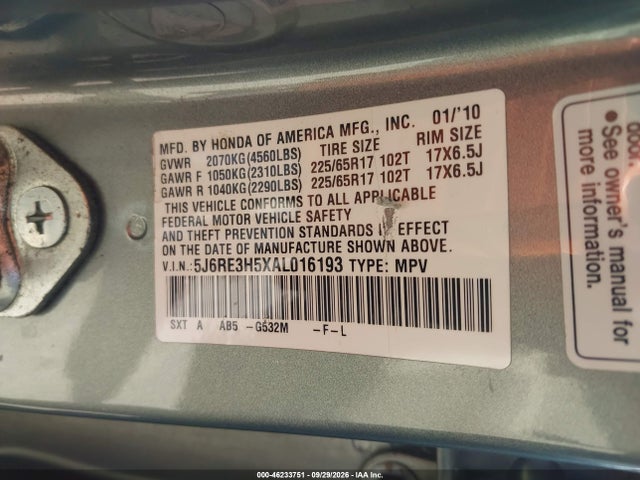 Продажа на аукционе авто 2010 Honda Cr-v Ex, vin: 5J6RE3H5XAL016193, номер лота: 46233751