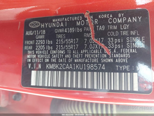 Aukcja sprzedaży 2019 Hyundai Kona Sel, vin: KM8K2CAA1KU198574, numer aukcji: 46233768