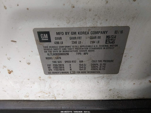 46233770 :رقم المزاد ، KL7CJKSB3GB655298 vin ، 2016 Chevrolet Trax 1ls مزاد بيع