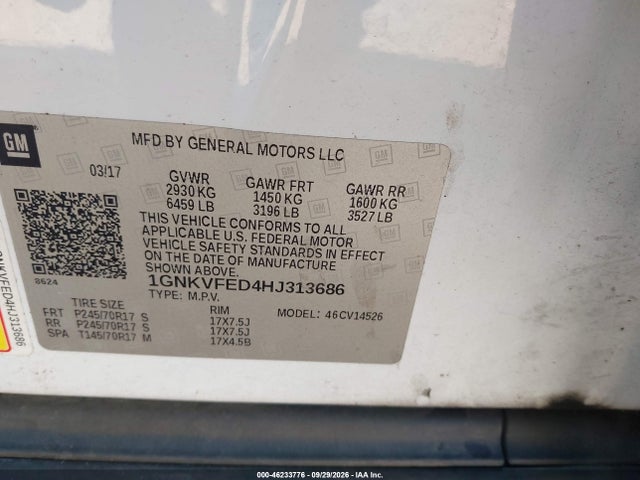 46233776 :رقم المزاد ، 1GNKVFED4HJ313686 vin ، 2017 Chevrolet Traverse Ls مزاد بيع