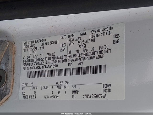 2015 Ford Escape Se მანქანა იყიდება აუქციონზე, vin: 1FMCU0G71FUA51590, აუქციონის ნომერი: 46233782