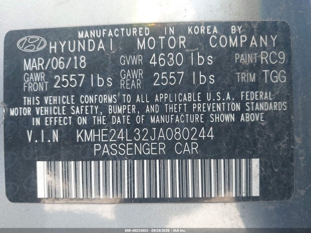 2018 Hyundai Sonata Hybrid Se მანქანა იყიდება აუქციონზე, vin: KMHE24L32JA080244, აუქციონის ნომერი: 46233803