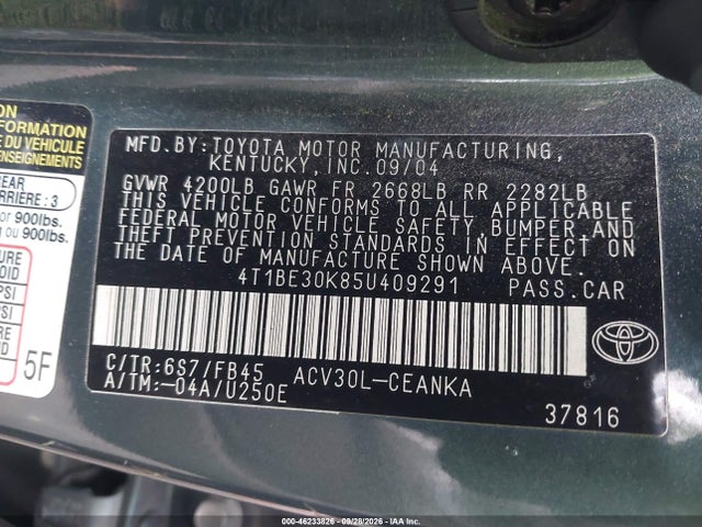 2005 Toyota Camry Le მანქანა იყიდება აუქციონზე, vin: 4T1BE30K85U409291, აუქციონის ნომერი: 46233826