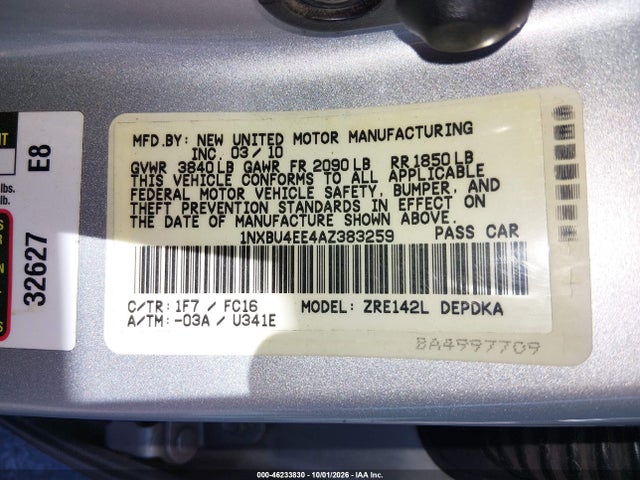 46233830 :رقم المزاد ، 1NXBU4EE4AZ383259 vin ، 2010 Toyota Corolla Le مزاد بيع