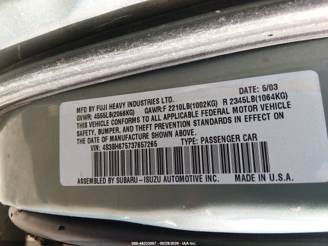 Продажа на аукционе авто 2003 Subaru Outback, vin: 4S3BH675737657265, номер лота: 46233867