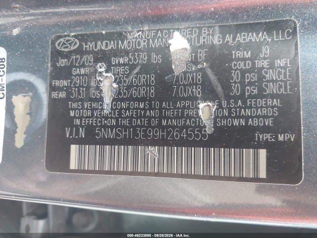 2009 Hyundai Santa Fe Limited მანქანა იყიდება აუქციონზე, vin: 5NMSH13E99H264555, აუქციონის ნომერი: 46233895