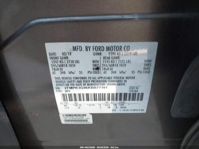 Продажа на аукционе авто 2019 Ford Edge Se, vin: 2FMPK3G96KBB77101, номер лота: 46233899
