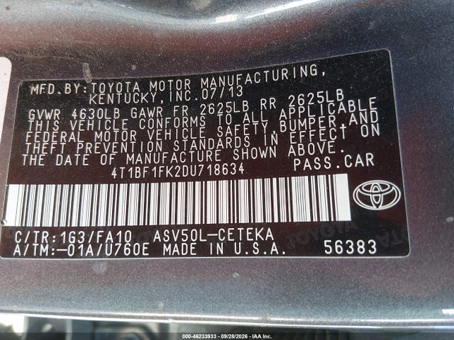 2013 Toyota Camry L მანქანა იყიდება აუქციონზე, vin: 4T1BF1FK2DU718634, აუქციონის ნომერი: 46233933