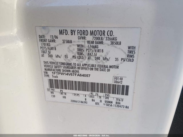 Aukcja sprzedaży 2007 Ford F-150 Fx4/lariat/xlt, vin: 1FTPW14V67FA64057, numer aukcji: 46233948