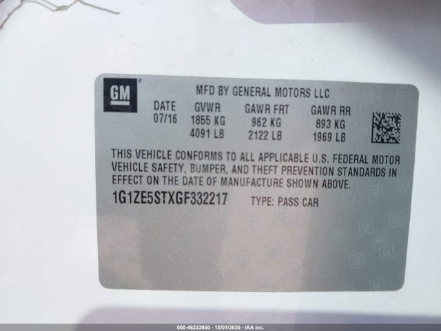 46233950 :رقم المزاد ، 1G1ZE5STXGF332217 vin ، 2016 Chevrolet Malibu 1lt مزاد بيع