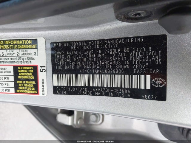46233966 :رقم المزاد ، 4T1C11AK4LU928936 vin ، 2020 Toyota Camry Le مزاد بيع