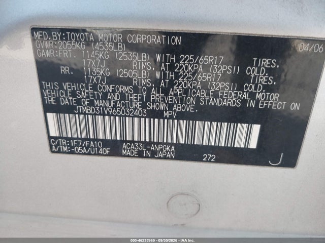 Aukcja sprzedaży 2006 Toyota Rav4 Limited, vin: JTMBD31V965032403, numer aukcji: 46233969