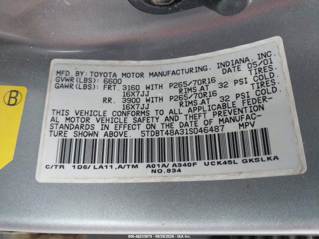 Aukcja sprzedaży 2001 Toyota Sequoia Limited V8, vin: 5TDBT48A31S046487, numer aukcji: 46233978