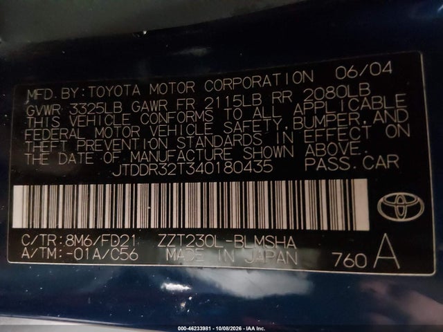 46233981 :رقم المزاد ، JTDDR32T340180435 vin ، 2004 Toyota Celica Gt مزاد بيع