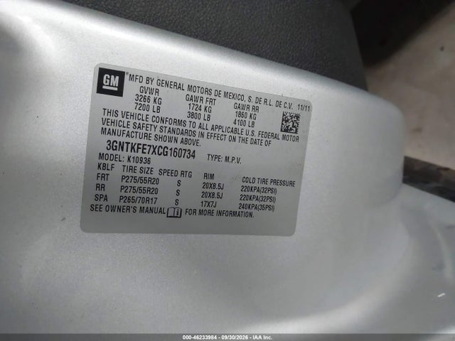 46233984 :رقم المزاد ، 3GNTKFE7XCG160734 vin ، 2012 Chevrolet Avalanche 1500 Lt1 مزاد بيع