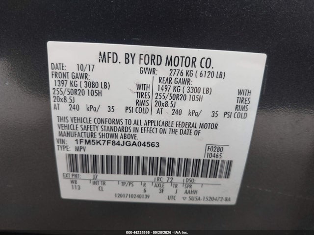 46233995 :رقم المزاد ، 1FM5K7F84JGA04563 vin ، 2018 Ford Explorer Limited مزاد بيع