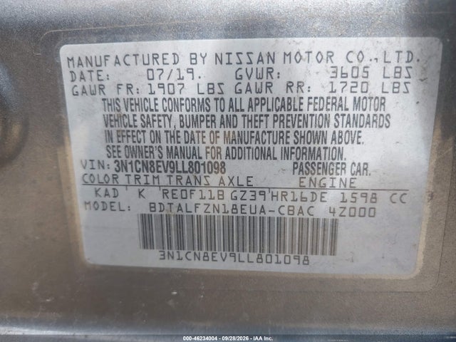 Aukcja sprzedaży 2020 Nissan Versa Sv Xtronic Cvt, vin: 3N1CN8EV9LL801098, numer aukcji: 46234004