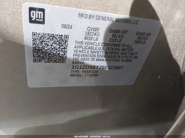 Auction sale of the 2025 Chevrolet Malibu Fwd 1lt, vin: 1G1ZD5ST7SF113887, lot number: 46234009
