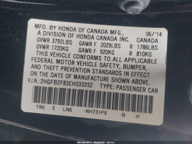 Honda CIVIC EX 2014 2HGFB2F83EH533252 Image 9