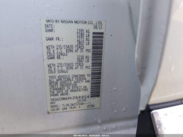 Aukcja sprzedaży 2015 Nissan Murano Platinum, vin: 5N1AZ2MHXFN264954, numer aukcji: 46234018
