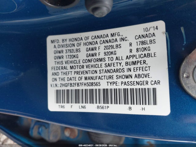 Продаж на аукціоні авто 2015 Honda Civic Ex, vin: 2HGFB2F87FH508565, номер лоту: 46234021