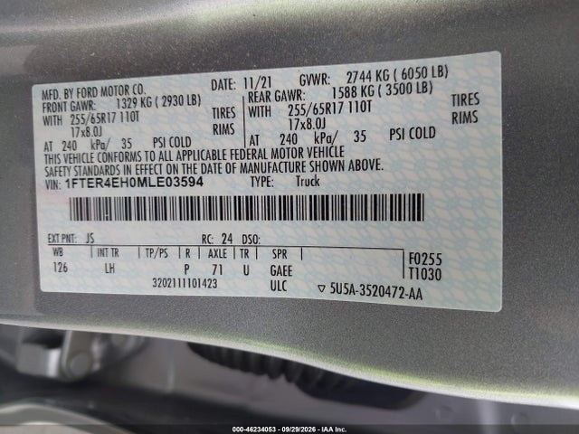 2021 Ford Ranger Xlt მანქანა იყიდება აუქციონზე, vin: 1FTER4EH0MLE03594, აუქციონის ნომერი: 46234053