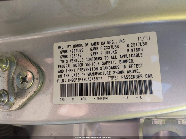 Aukcja sprzedaży 2012 Honda Accord 2.4 Se, vin: 1HGCP2F68CA045977, numer aukcji: 46234060