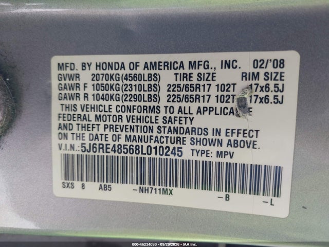 Продажа на аукционе авто 2008 Honda Cr-v Ex, vin: 5J6RE48568L010245, номер лота: 46234090