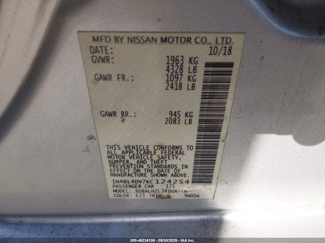 Продажа на аукционе авто 2019 Nissan Altima 2.5 Sv, vin: 1N4BL4DV7KC124254, номер лота: 46234106