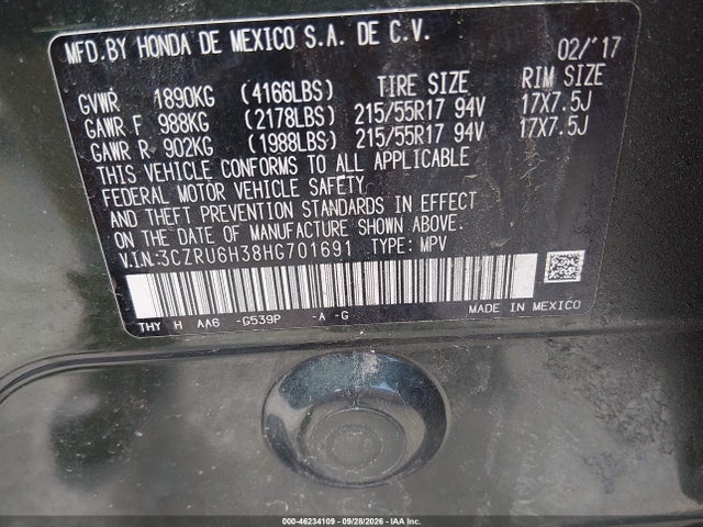 46234109 :رقم المزاد ، 3CZRU6H38HG701691 vin ، 2017 Honda Hr-v Lx مزاد بيع