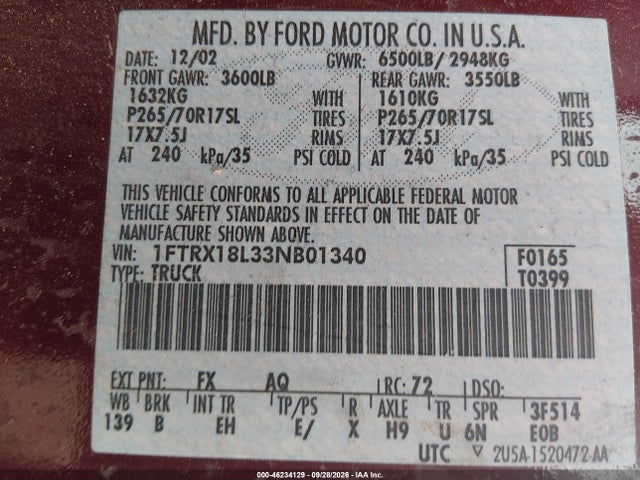 2003 Ford F-150 Lariat/xl/xlt მანქანა იყიდება აუქციონზე, vin: 1FTRX18L33NB01340, აუქციონის ნომერი: 46234129