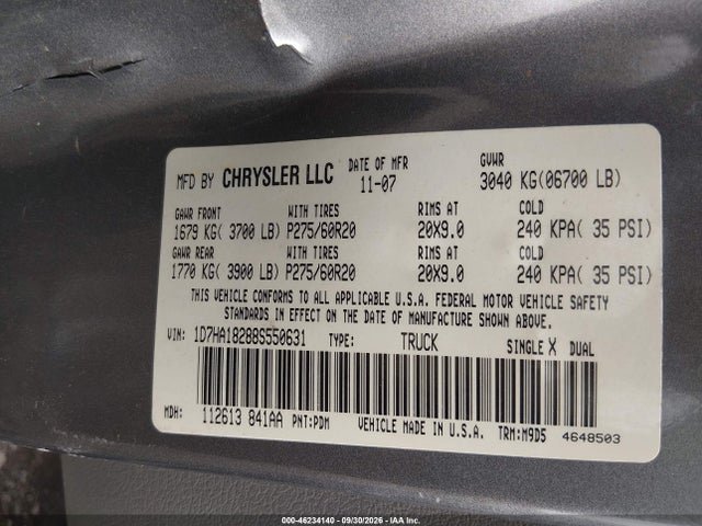 46234140 :رقم المزاد ، 1D7HA18288S550631 vin ، 2008 Dodge Ram 1500 Slt مزاد بيع
