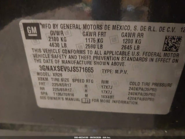 Aukcja sprzedaży 2018 Chevrolet Equinox Lt, vin: 3GNAXSEV9JS571665, numer aukcji: 46234150