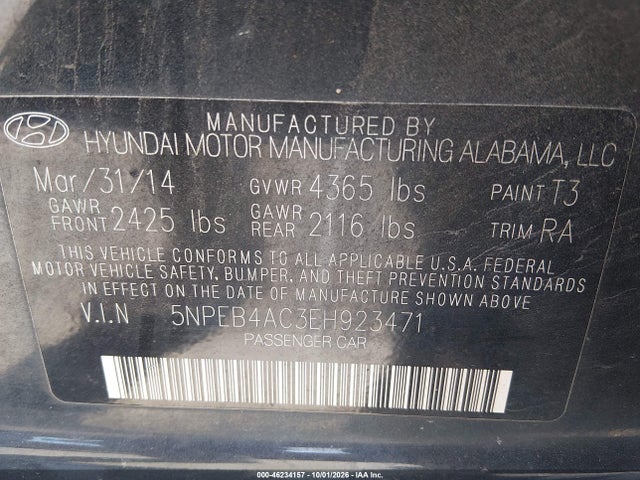 Aukcja sprzedaży 2014 Hyundai Sonata Gls, vin: 5NPEB4AC3EH923471, numer aukcji: 46234157