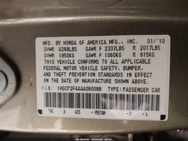 Aukcja sprzedaży 2010 Honda Accord 2.4 Lx-p, vin: 1HGCP2F44AA080088, numer aukcji: 46234161