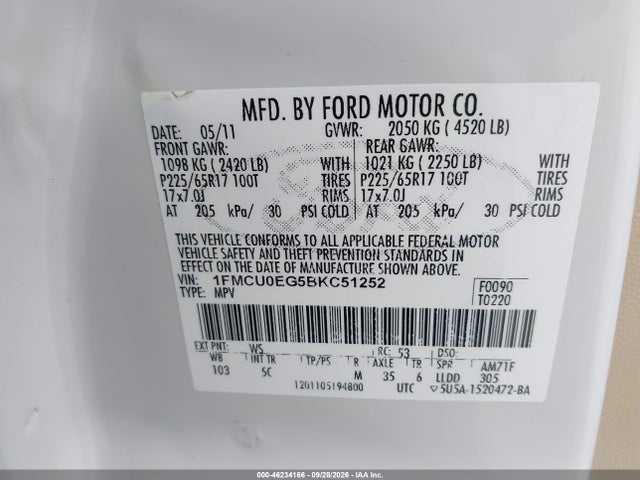 Продажа на аукционе авто 2011 Ford Escape Limited, vin: 1FMCU0EG5BKC51252, номер лота: 46234166