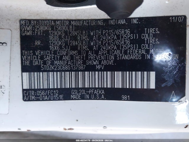 Aukcja sprzedaży 2008 Toyota Sienna Le, vin: 5TDZK23C68S137987, numer aukcji: 46234179