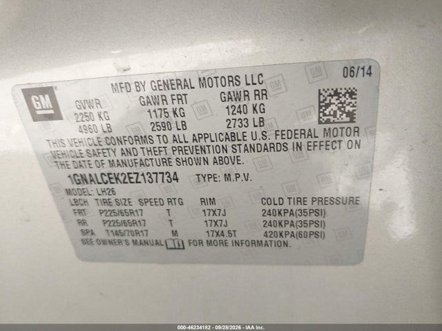 Продажа на аукционе авто 2014 Chevrolet Equinox 2lt, vin: 1GNALCEK2EZ137734, номер лота: 46234182