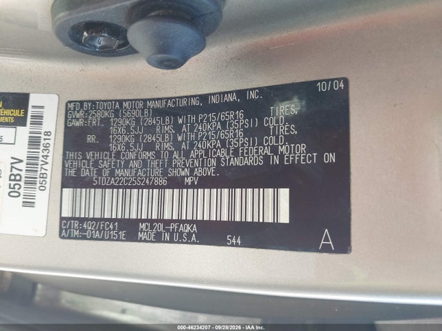 Продаж на аукціоні авто 2005 Toyota Sienna Xle, vin: 5TDZA22C25S247886, номер лоту: 46234207